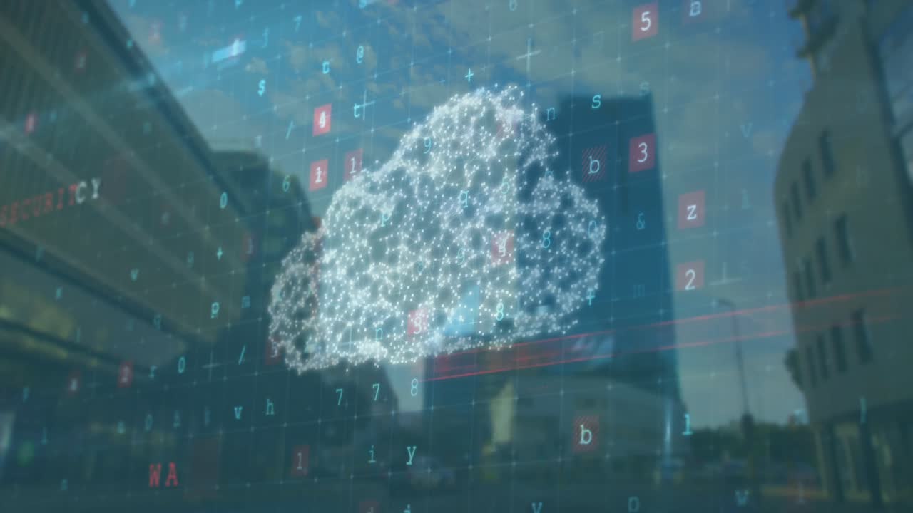 Animation of digital cloud and numbers processing over cityscape