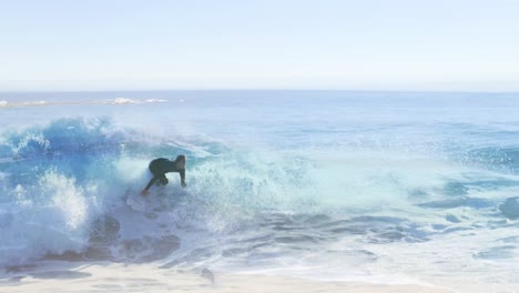 animation of landscape with ocean over caucasian male surfer surfing