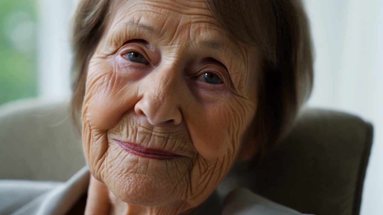 Ritratto intimo in primo piano di una donna anziana caucasica, luce soffusa dalla finestra e tonalità della pelle calde, rughe sottili.