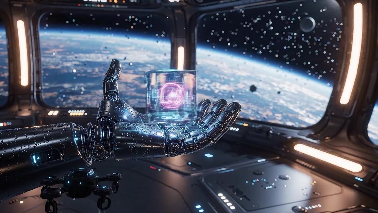 Futuristic Robot Hand Holding a Glowing Cube in a Space Environment with a View of Earth and Stars in the Background Illuminated by Panel Lights