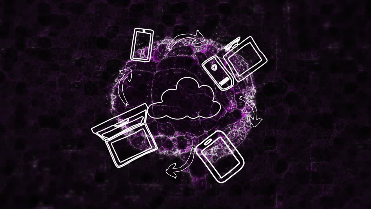 Animation of diverse technology icons over brain on black digital background