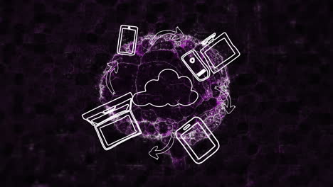 animation of diverse technology icons over brain on black digital background