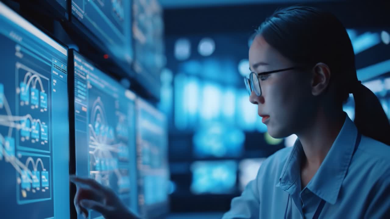 A focused individual interacts with advanced screens displaying data analytics and network information, embodying the essence of technology in a modern workspace