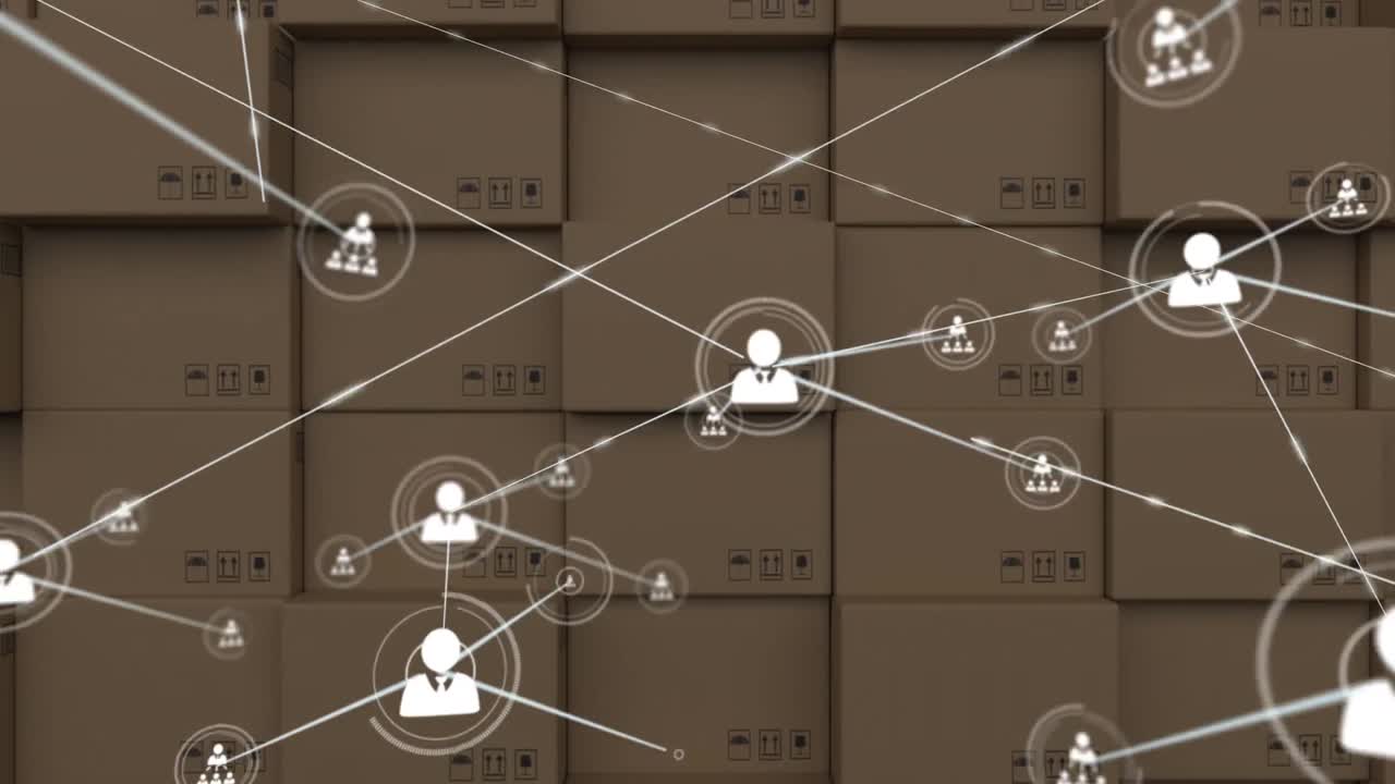 video compuesto digital de la red de conexiones contra la pila de cajas de entrega