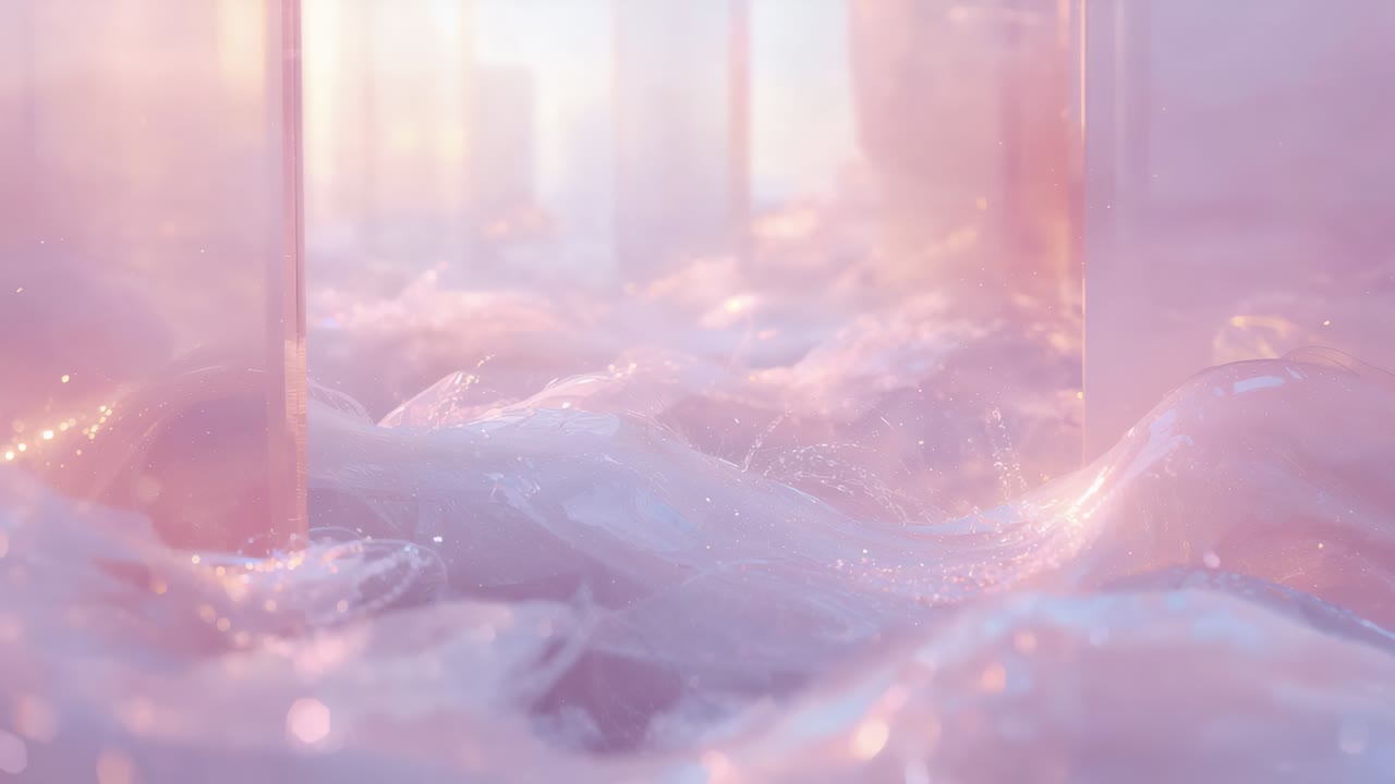 Left warm light warming, pastel foam surface undulating in hazy chamber with sparkles and panels