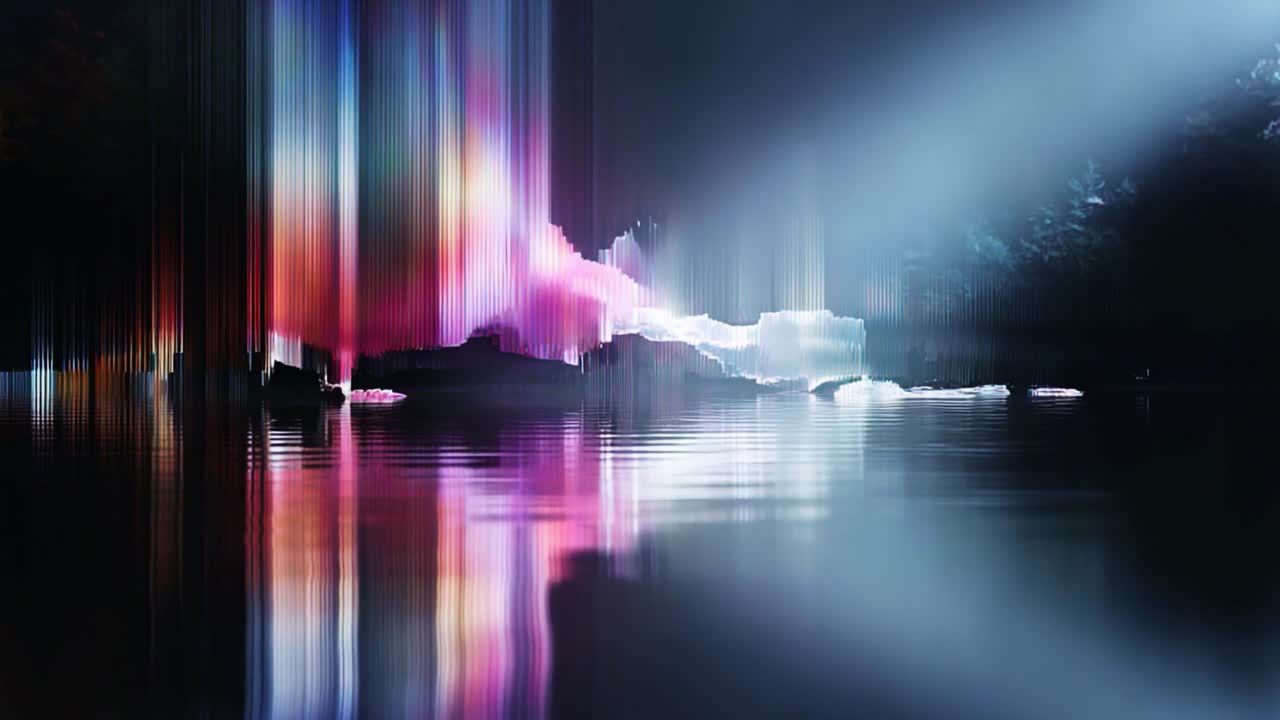 A Stunning Display of Vibrant Colors Reflected in Calm Waters, Capturing the Beauty of Light and Nature's Palette Against a Nighttime Backdrop