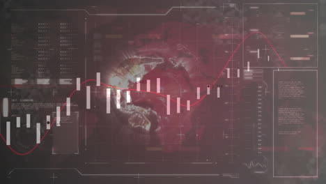 Animation-of-chart-processing-data-over-interface-with-rotating-globe-on-black-background