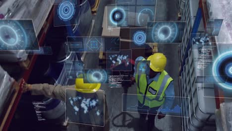 animation of data processing with scope scanning over diverse workers in warehouse