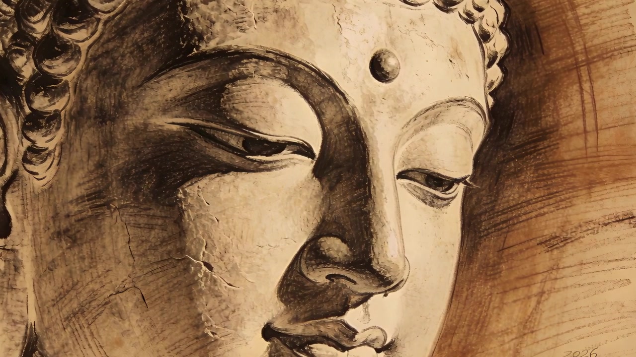 Panoramica della telecamera che rivela un grande volto di Buddha dipinto su una parete dello studio, mostrando craquelure e pennellate.
