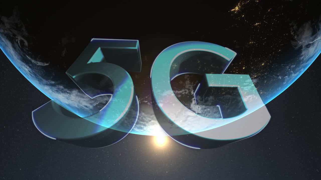 animazione digitale di testo 5g contro globo e punto di luce su sfondo nero