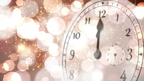 animation of clock showing midnight and fireworks exploding with spots of light background