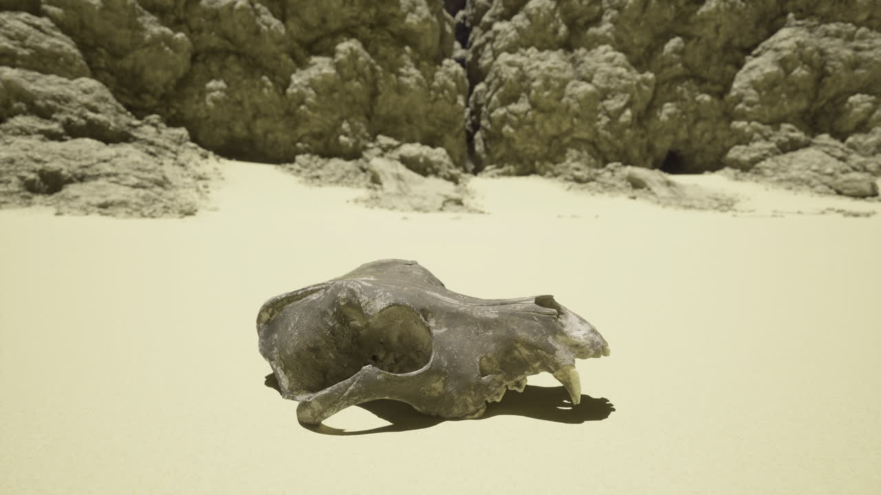Skull found on a sandy beach near rocky cliffs during a sunny afternoon stroll