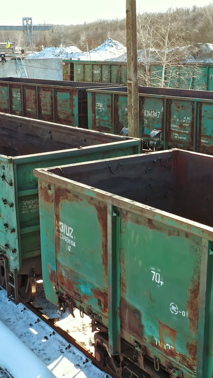 Freight Station with trains. Industrial view with lot of freight railway trains waggons. Vertical video