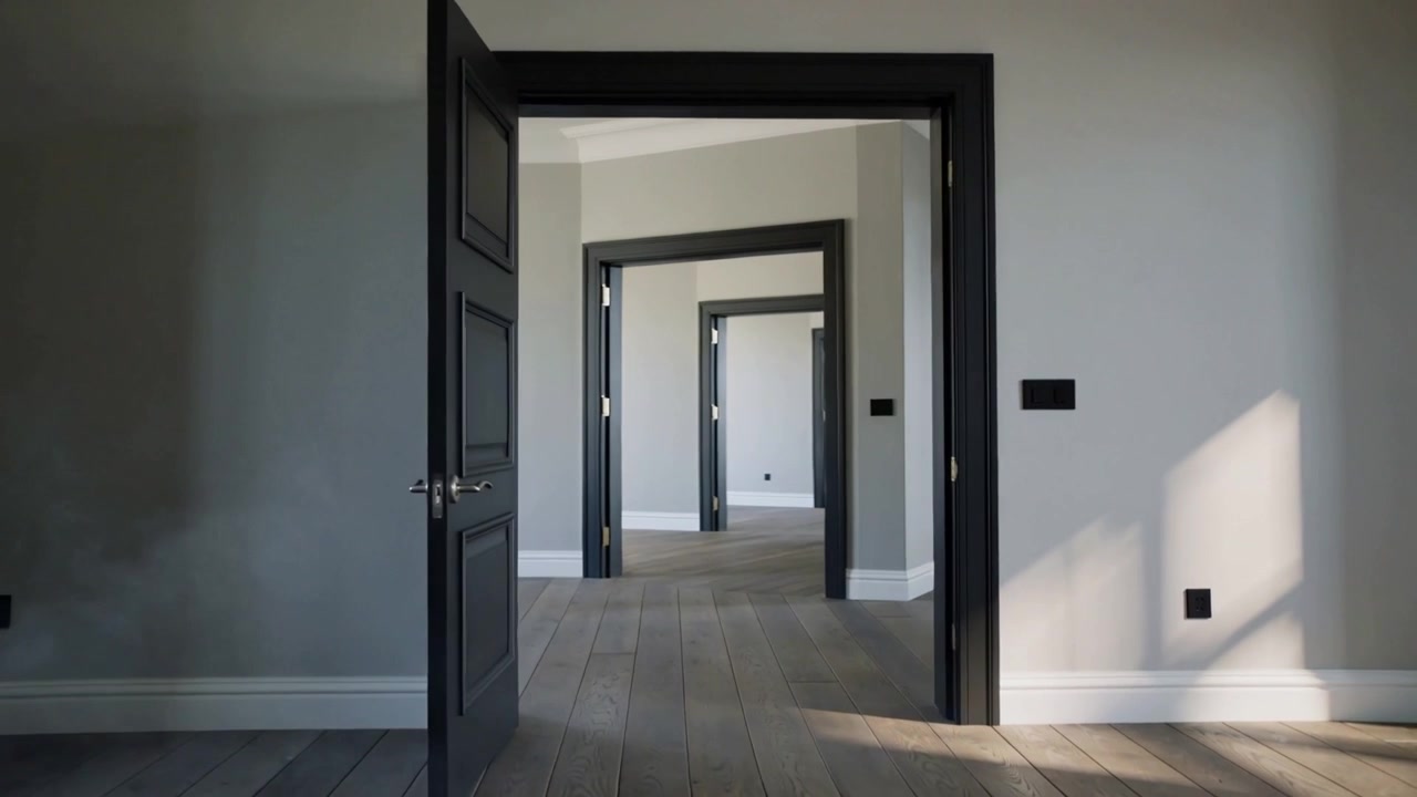Porta scura che si apre con la maniglia che oscilla verso l'interno da una spinta fuori campo a casa, rivelando stanze illuminate dal sole.