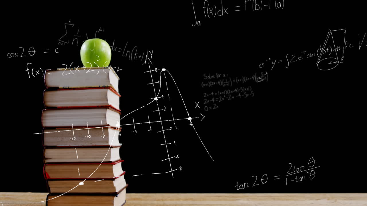 Mathematical equations floating against apple on stack of books