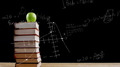 ecuaciones matemáticas flotando contra la manzana en la pila de libros