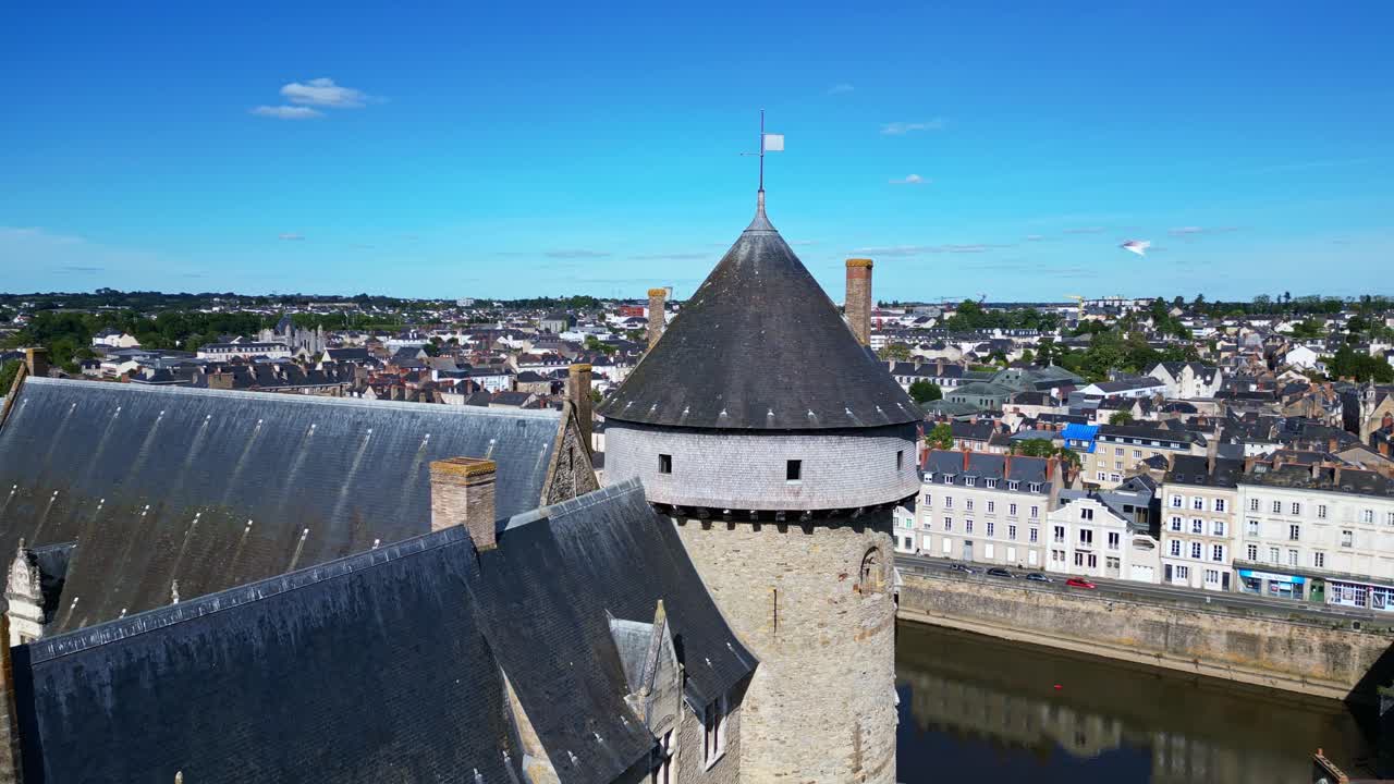 Panoramic aerial view about the Laval Castle bastion with viaduct and old bridge, Laval, France.