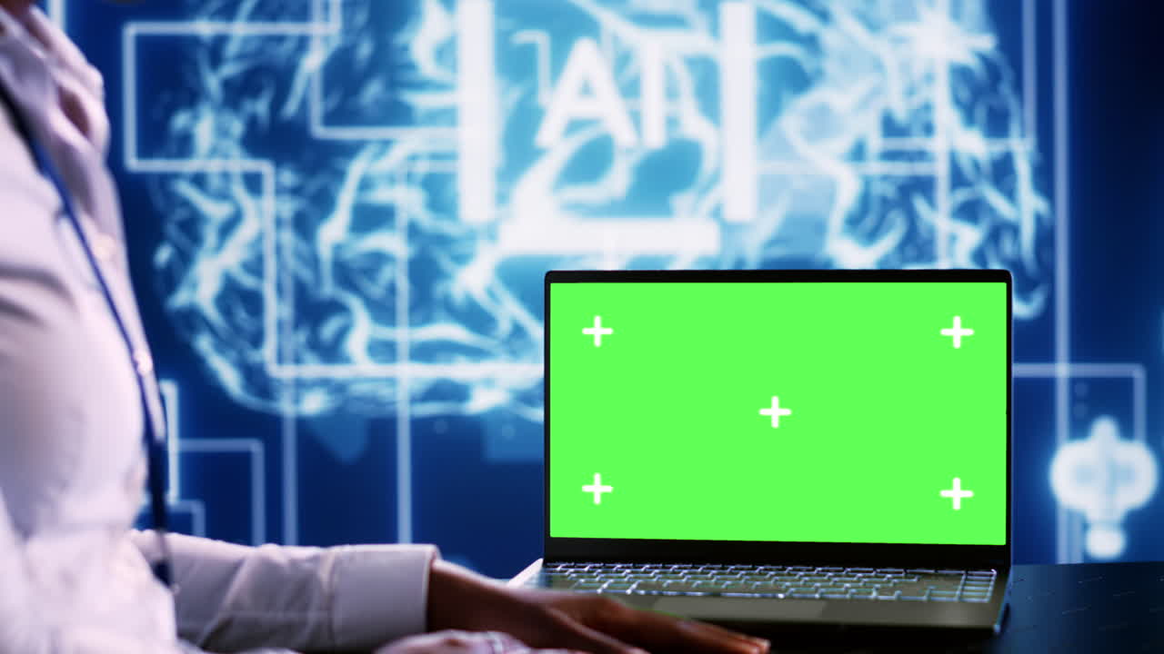 portátil de pantalla verde que actualiza los sistemas de ia