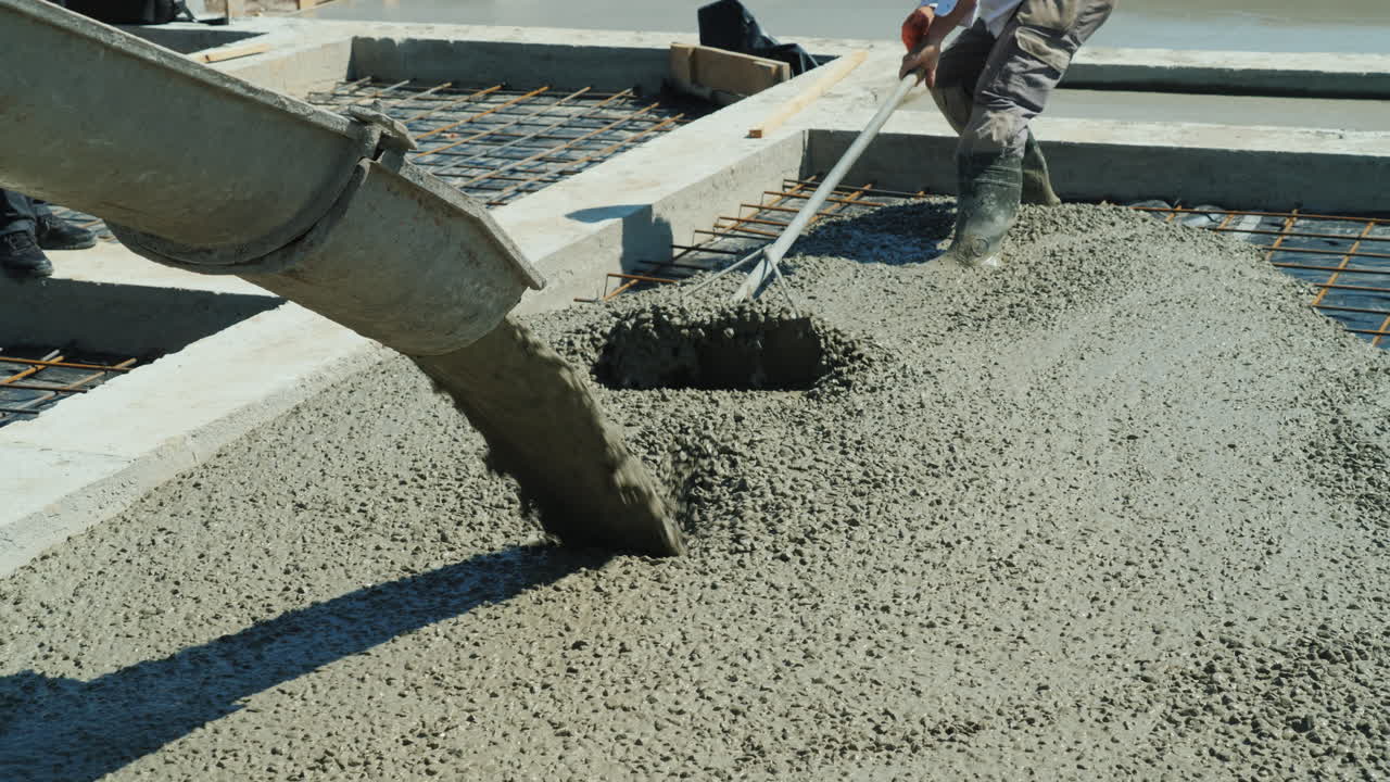 기계 믹서에서 개인 별장에 바닥을 만들고 준비된 기본 재치에 콘크리트를 붓습니다.
