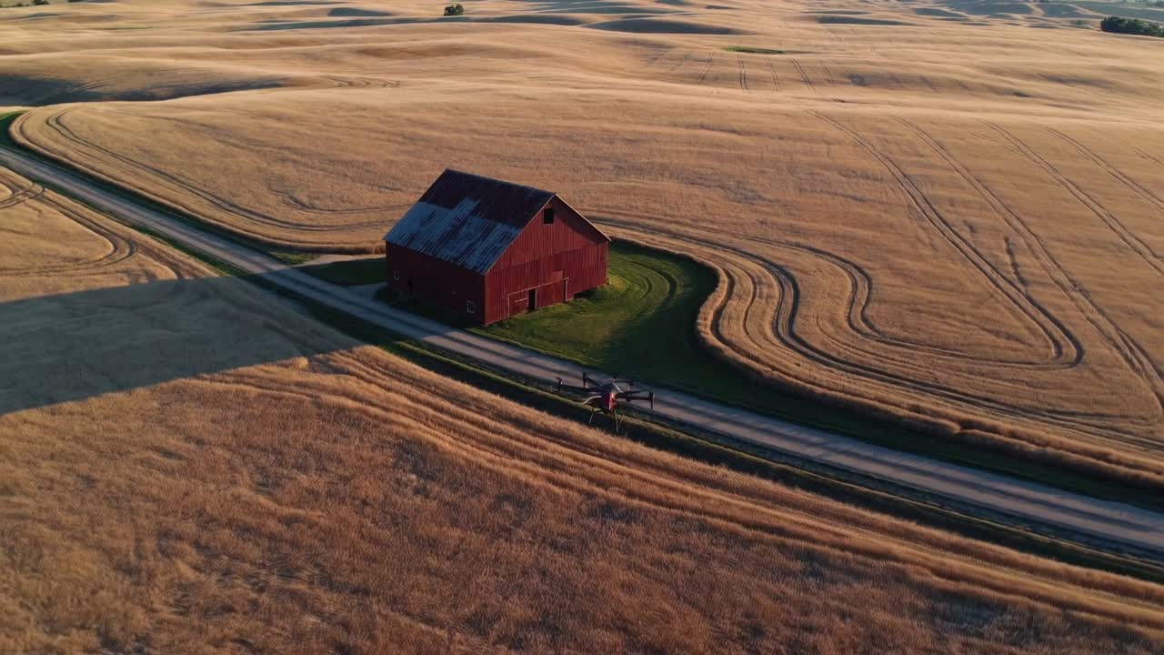 Vista aerea di un drone che sorvola campi di grano dorati vicino a un fienile rustico, catturando il paesaggio sereno e gli intricati motivi dei terreni agricoli in movimento