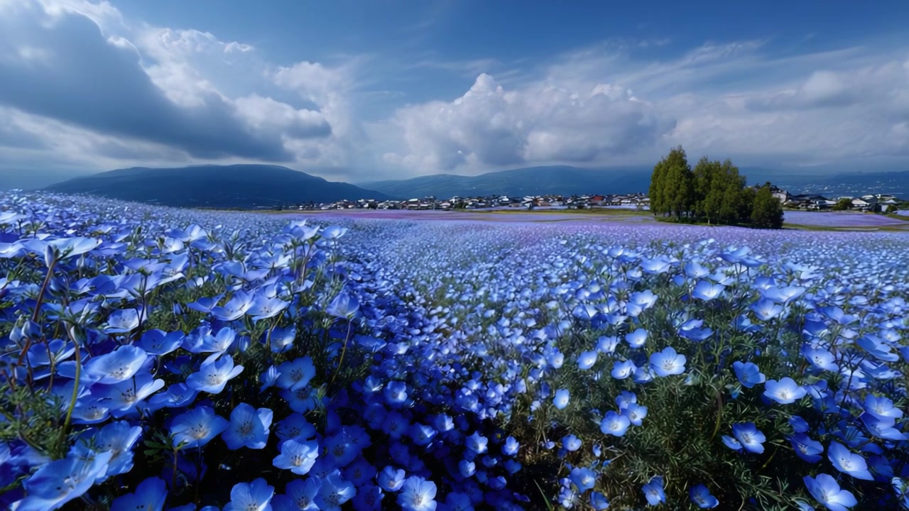 Paesaggio mozzafiato di vivaci fiori blu sotto un cielo soleggiato con nuvole soffici in un ambiente sereno che cattura la bellezza e la tranquillità della natura.