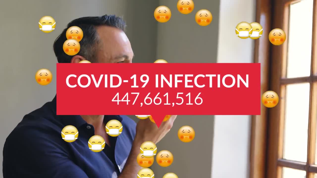 Animasjon av covid 19-data og syke emojier med ansiktsmasker over en forretningsmann som bruker smarttelefon.