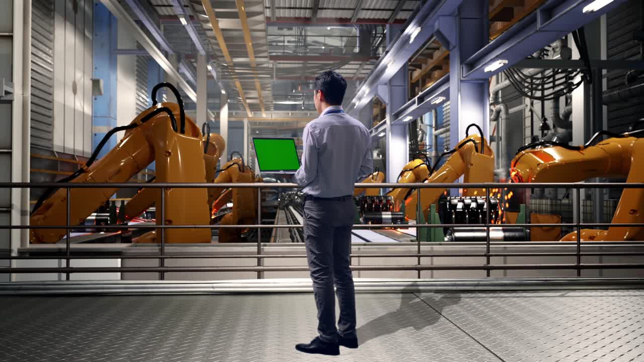 Full Body Back View Of An Asian Male Professional Worker Standing With Industrial Robotic Arms Working, Typing On Laptop'S Keyboard With Green Screen And Look At The Factory Once
