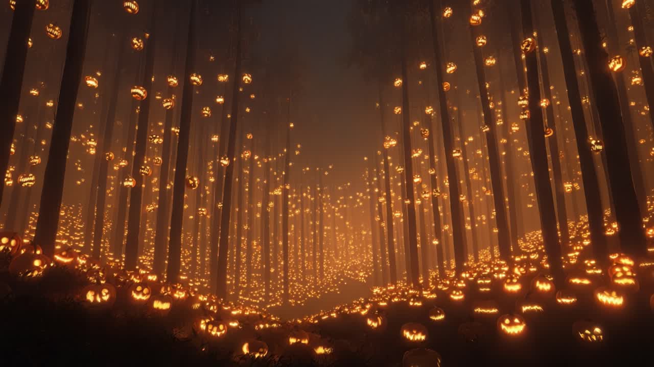 A Magical Forest Filled with Glowing Jack-o'-Lanterns: A Journey Through a Spooky, Enchanted Halloween Wonderland at Dusk