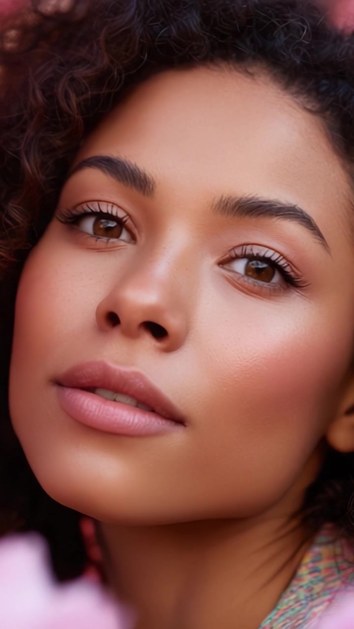 Stunning Close-Up Portrait of a Woman Highlighting Natural Beauty, Textured Skin and Expressive Eyes Framed with Soft Floral Background, Showcasing Radiance.