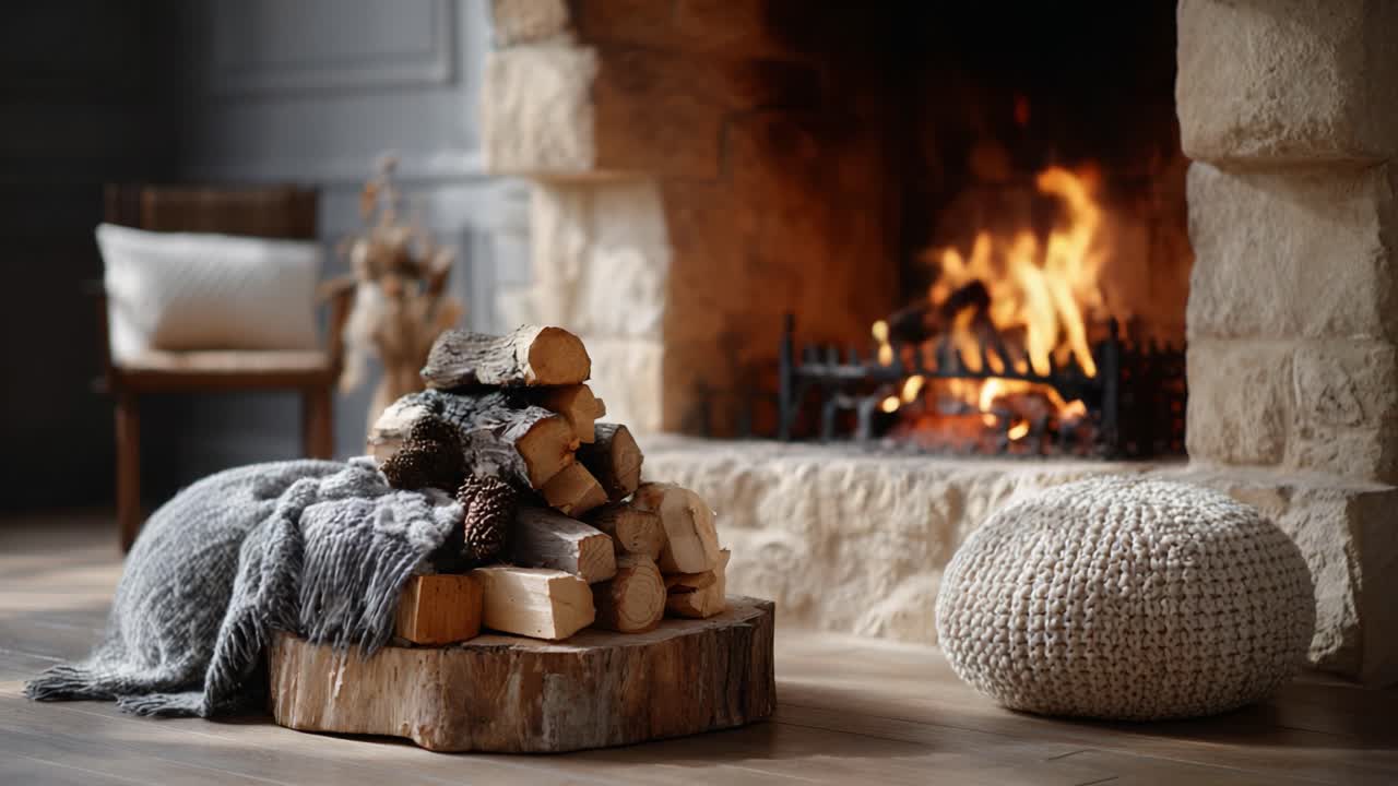 Cozy Fireplace Scene with Stacked Firewood and Warm Flames Creating a Relaxing Atmosphere in a Rustic Living Space
