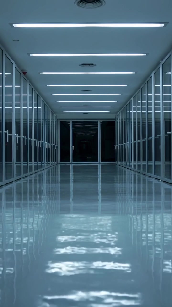 Vídeo vertical: Câmera deslizando e dando zoom para revelar um corredor de vidro em um escritório com reflexos de LED