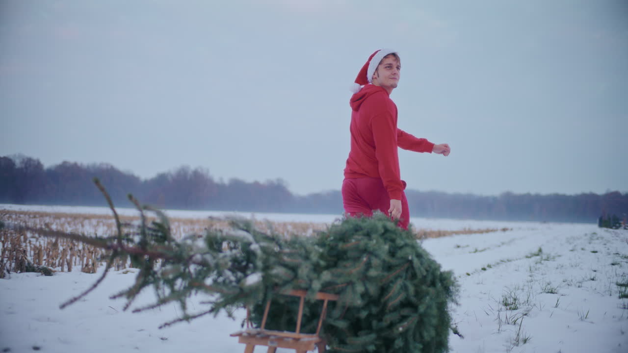 젊은이가 눈으로 인 풍경에서 크리스마스 트리와 함께 매를 끌고 있습니다.
