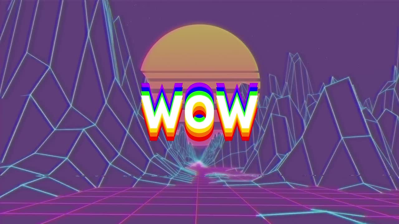 보라색 배경에 디지털 산과 태양 위의 와우 텍스트의 애니메이션