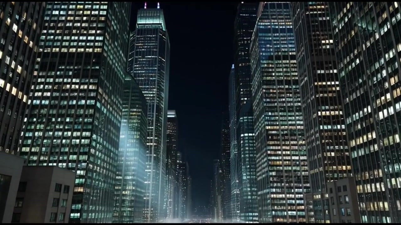 Veduta aerea di grattacieli illuminati in una città moderna di notte.