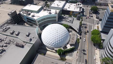 cinerama dome movie theater and arclight complex in hollywood, california - orbiting aerial