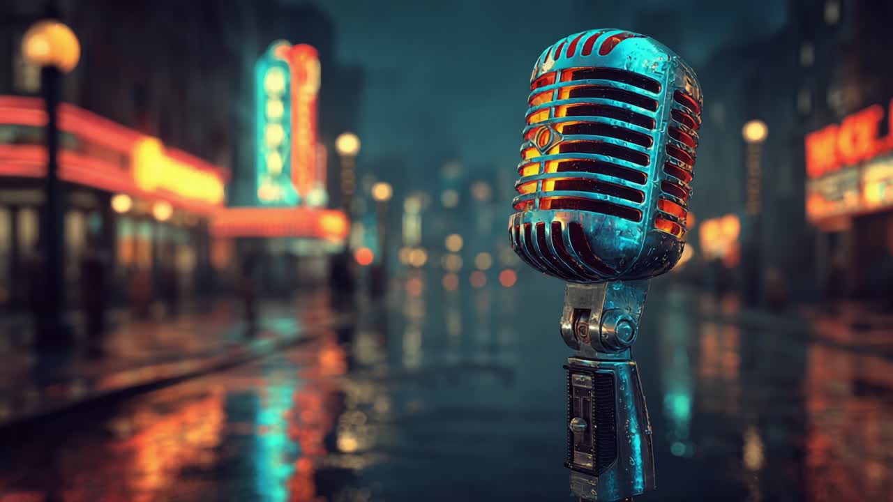 Vintage Microphone on Rainy Street at Night Captures the Essence of Live Performance and Musical Atmosphere Amid Neon Lights and Pedestrians