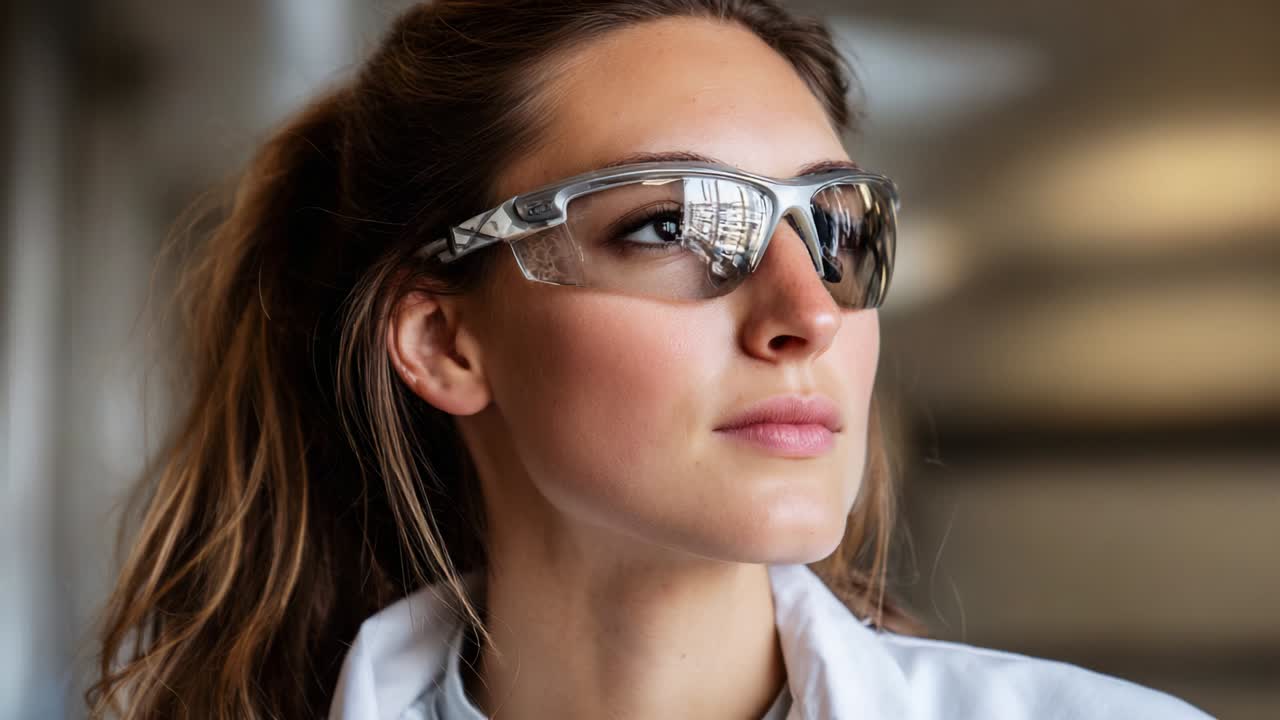 A focused individual wearing protective eyewear showcases confidence and readiness in a professional environment, emphasizing safety, style, and innovation while effectively engaging with their surroundings