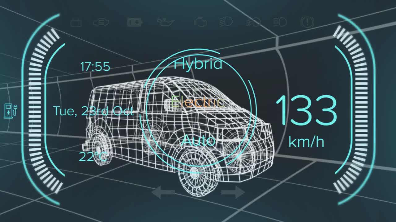 검은색 배경에 디지털 밴 모델에 대한 자동차 인터페이스의 애니메이션