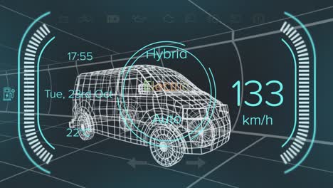 animation of car interface over digital van model on black background