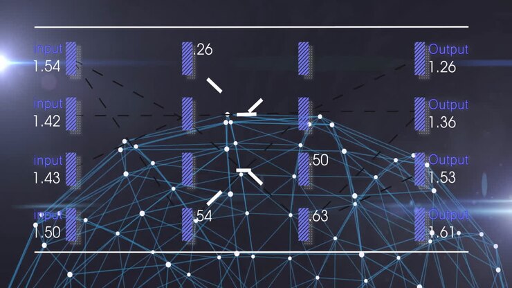 Network of connections and data processing animation over digital globe