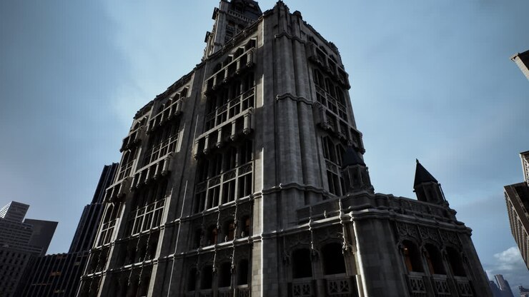 Un alto edificio in pietra in una città