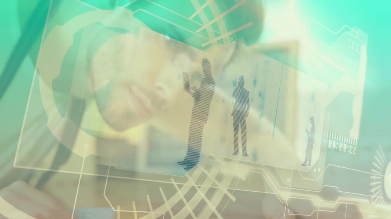silhouettes of business professionals typing on keyboard showing tablets and holographic data panel