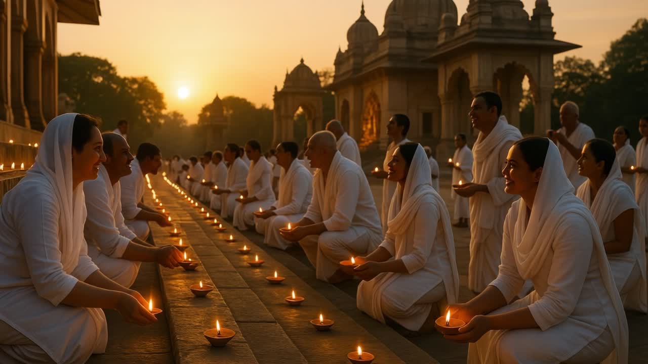 Individuals in white robes participate in a tranquil candle lighting ceremony at dawn, fostering a sense of community and spirituality amidst a beautiful backdrop