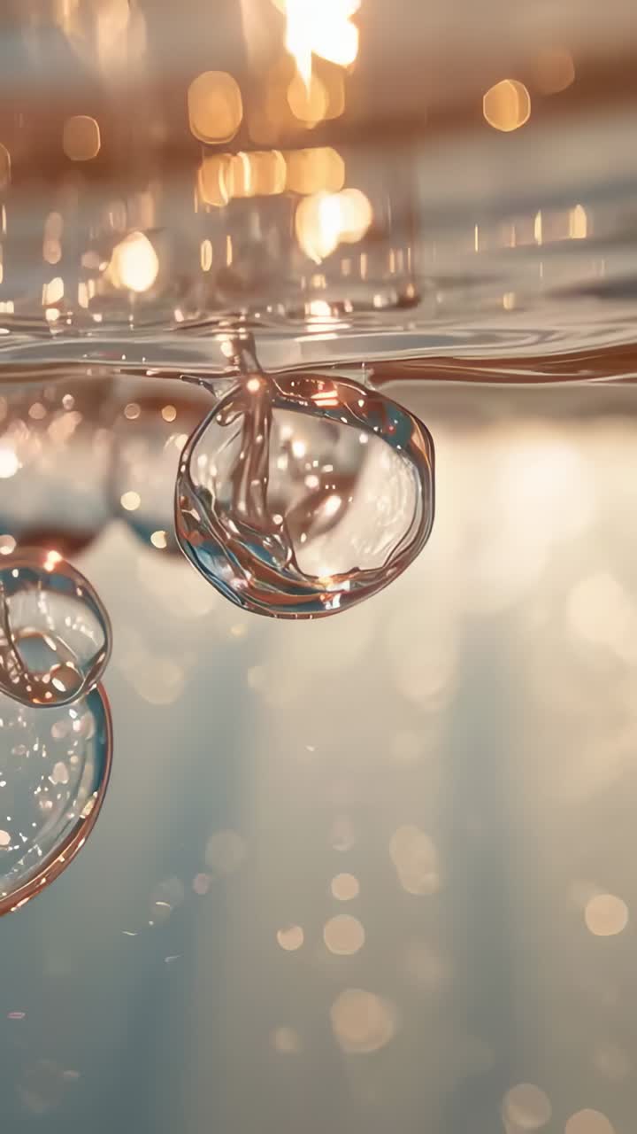 Video verticale: goccioline che cadono formando bolle trasparenti sotto la superficie liquida in una piccola vasca, retroilluminato