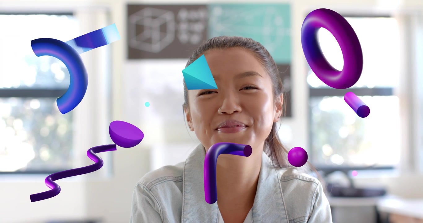 woman turning head right causing purple rings blue shapes drifting around face during tech demo