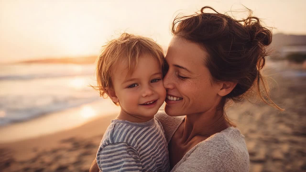 Mother and child enjoying a sunset at the beach