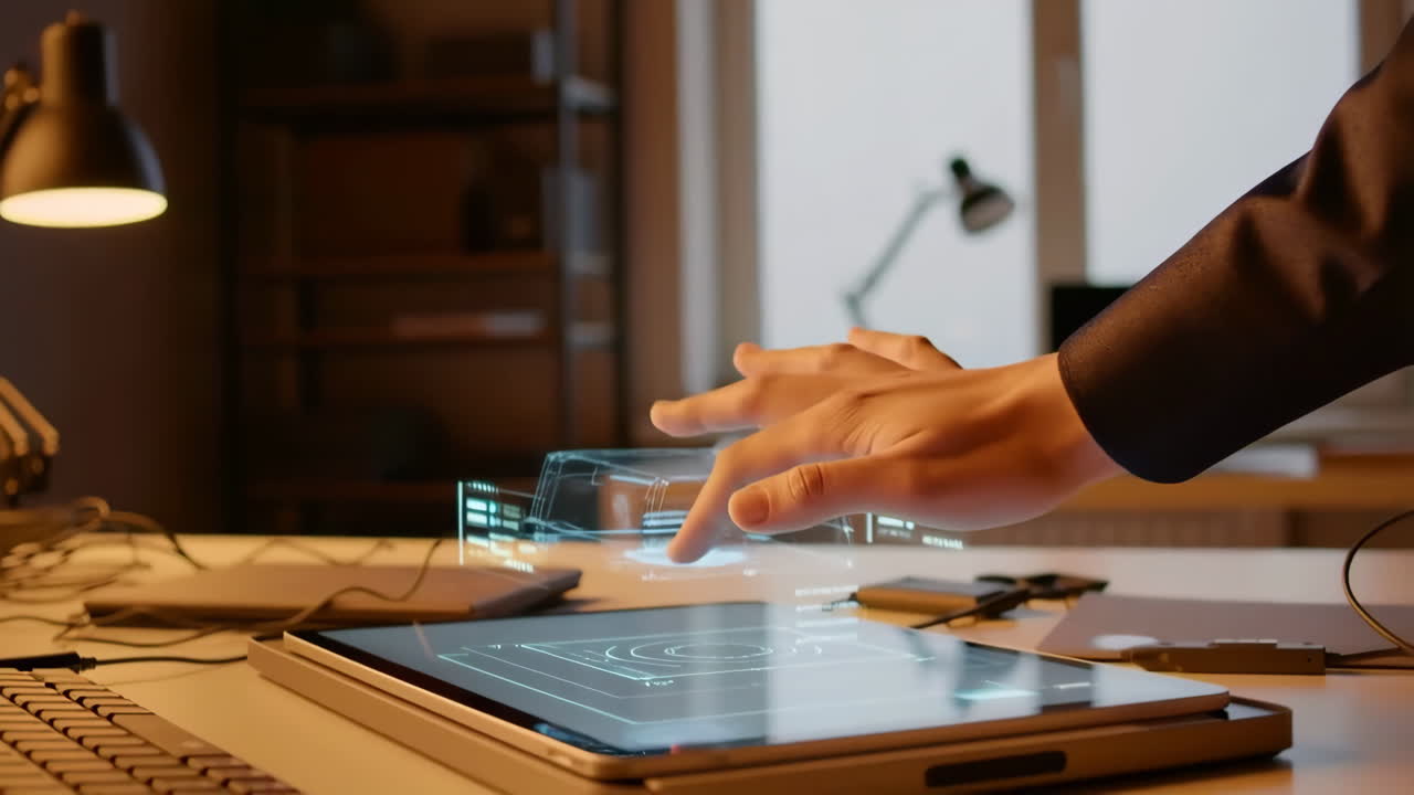 Hand Interacting with Futuristic Holographic Interface on Tablet