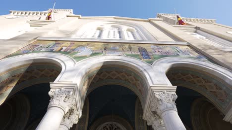 Metropolitan Cathedran church of Athens, tracking shot.Gimbal shot of the facade of the renovated Cathedral Metropolitan Orthodox church at Monastiraki of Athens Greece