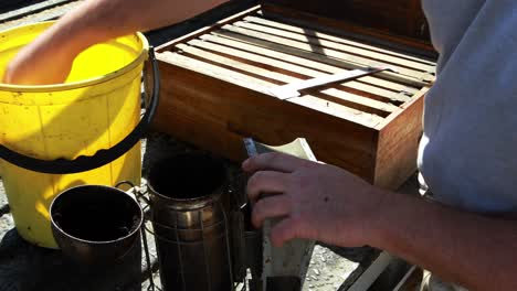 beekeeper preparing smoker for harvesting in apiary