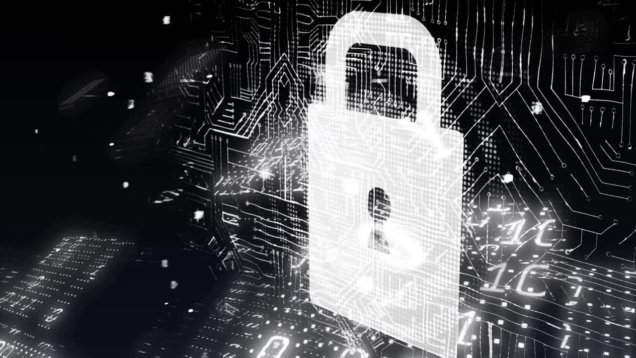 animación del procesamiento de datos y el candado sobre fondo negro